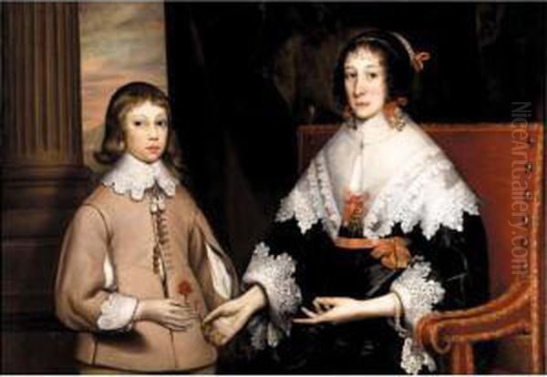 Portrait Of A Lady And Her Son, 
Both Half Length, She Seated Wearing A Black Dress With White Lace 
Collar And Cuffs With Red Ribbons, Handing A Carnation To Her Son Who 
Wears A Buff Tunic With White Lace Collar And Cuffs - view 1