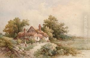 Figures By A Cottage On A Summer's Day. by Stephen J. Bowers