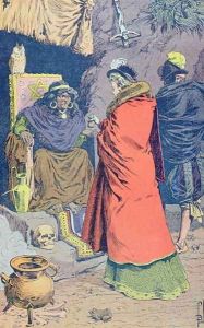 Witchcraft in the 16th century, a Witch selling some philtres, from 'Histoire de France' by Louis Bombled