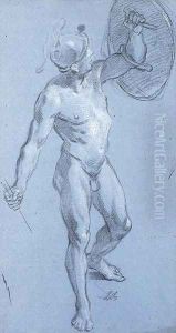 A nude wearing a helmet and holding up a shield