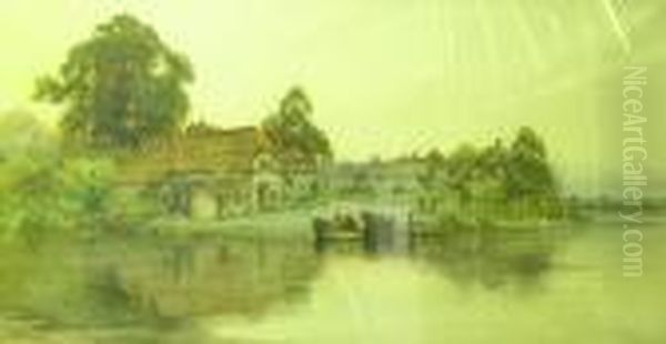 Riverside Village Scene With Figures, Horse And Ferry - view 1