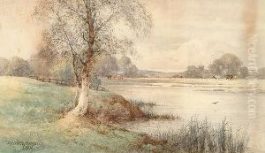 A River Landscape With Water
Meadows Beyond; Cottages In A Country Landscape With Cattle Grazing Near
By by Creswick Boydell