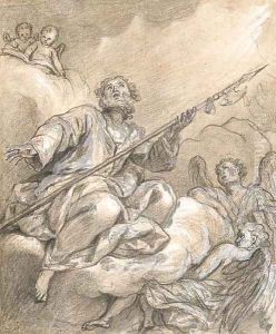 Saint Thomas looking upwards, seated on a cloud held by two angels, two putti reading a book above by Bon Boullogne