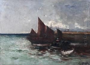 Sailing Boats By A Harbour Wall On A Calm Sea,signed Lower Right