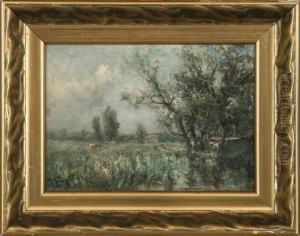 Landscape With Cows And A House. Signed Monogram