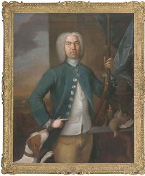 Portrait of a gentleman, holding a gun in his left hand, a dog to his side, with a partridge and casket of gun-powder on a ledge, an extensive landscape beyond, 1731 - view 1