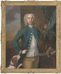 Portrait of a gentleman, holding a gun in his left hand, a dog to his side, with a partridge and casket of gun-powder on a ledge, an extensive landscape beyond, 1731 by Richard van Bleeck