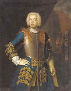 Portrait of a gentleman, three-quarter-length, in a blue and gold embroidered coat and a breastplate, a view of a military encampment beyond by Richard van Bleeck