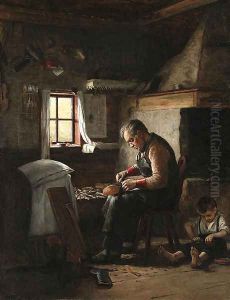 Interior with man and child by Adolf von Becker