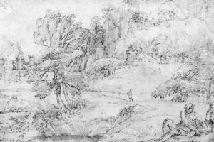 An extensive mountainous landscape with two figures in the foreground and a castle by a river by Francesco Brizio