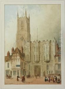 Cathedral Exterior Scene With Figures Trading In The Foreground Cathedral Exterior Scene With Figures Trading In The Foreground