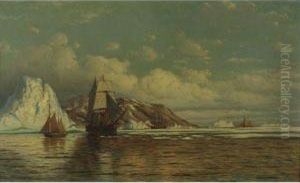Sailing Ships Off The Coast With Icebergs by William Bradford