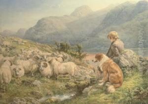 A Shepherd With His Dog And Flock By A Loch by Basil Bradley