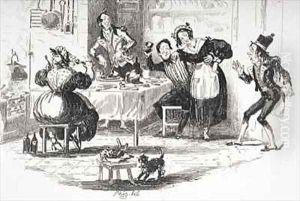 Job Trotter encounters Sam in Mr. Muzzle's kitchen by Hablot Knight Browne