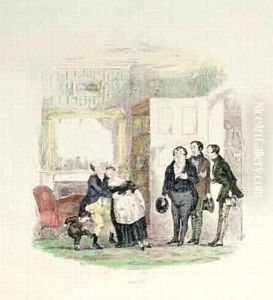 Mr Pickwick is found by his friends with Mrs Bardell in his arms by Hablot Knight Browne