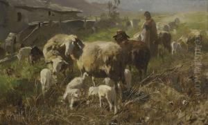 Hirtenmadchen Mit Schafen Bei Einer Muhle by Anton Braith