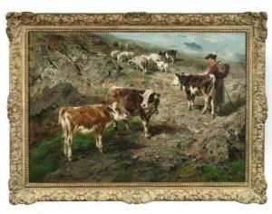 Sennerin Mit Ihrer Herde In Felsiger Gebirgslandschaft by Anton Braith