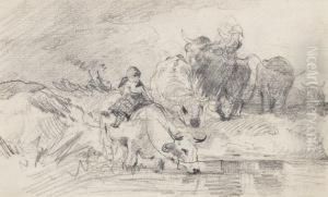Herde Mit Hirtin An Der Furt by Anton Braith