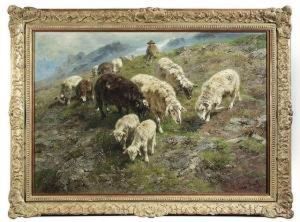 Flock Of Sheep Inmountainous Landscape by Anton Braith
