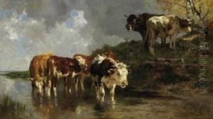 Livestock By The Trough. Signed And Dated Bottom Right: Anton Braith Munchen 1883 by Anton Braith
