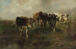 Funf Kalber Am Bachufer by Anton Braith