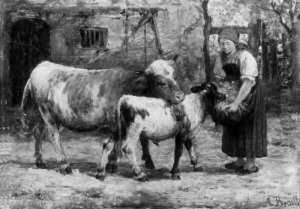 Bauernmagd Mit Rindern. Ol Auf Holz. H 19,5; B 27 Cm. by Anton Braith