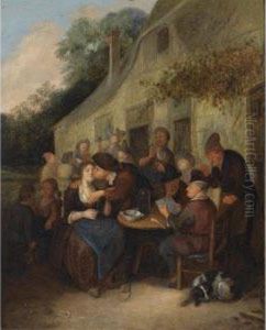 Peasants Gathered Outside A 
Tavern With A Man Reading A Paper, An Amorous Couple, And A Fiddler In 
The Background
