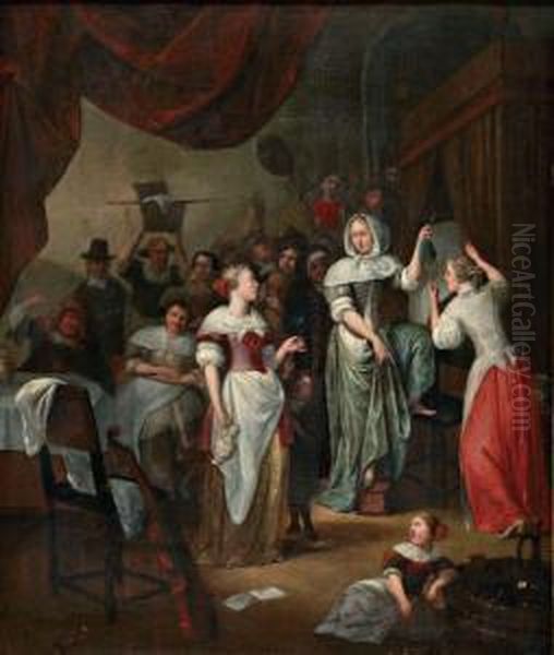 Binnenhuis Met Vele Figuren En Elegante Vrouwen Bij Een Bedstede - view 1