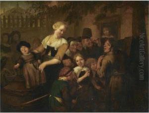 A Village Scene With Children And Villagers Gathered Around A Travelling Entertainer A Village Scene With Children And Villagers Gathered Around A Travelling Entertainer