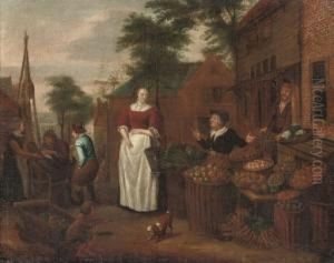 A Market Scene With Figures Selling Fruit