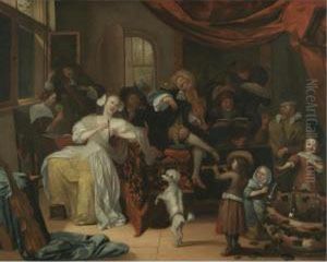 An Interior With Figures Drinking And Music-making by Richard Brakenburgh