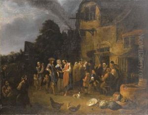 La Buona Ventura In Un Esterno Di Taverna Con Contadini E Animali by Richard Brakenburgh