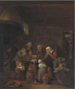 A Kitchen Interior With A Peasant Family Praying Before Ameal