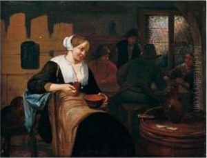 A Tavern Interior With A Lady Eating A Bowl Of Soup, Other Figures By A Window Beyond