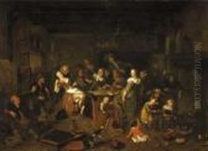 Boors Merry Making In An Inn With A Pancakecook In The Foreground by Richard Brakenburgh