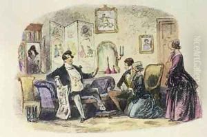 Prince Turveydrop blesses his son and daughter-in-law when they announce their engagement with Esther Summerson looking on by Hablot Knight Browne