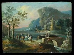 Flusslandschaft Mit Brucke, Burg Und Figurenstaffage by Christian Hilfgott Brand