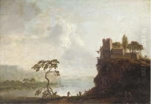 A River Landscape With A Hilltop Village And Anglers In The Foreground by Christian Hilfgott Brand