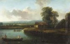 A River Landscape With Peasants In Boats by Christian Hilfgott Brand