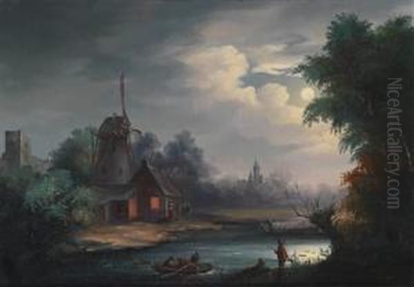 Fluslandschaft Bei Mondschein Mit Kuhnfahrern - view 1