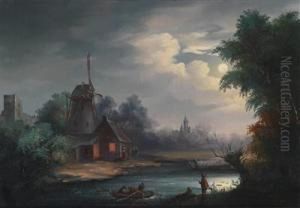 Fluslandschaft Bei Mondschein Mit Kuhnfahrern