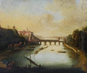 Busy River Landscape With A Hillside Town And An Arched Bridge