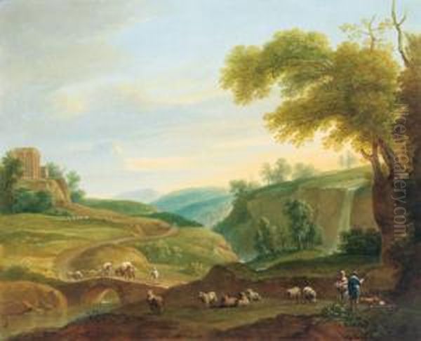 Bewaldete Hugelige Landschaft Mit Hirtenpaar Und Herde - view 1