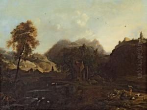 Gebirgslandschaft Mit Muhle, Burg Und Hirten by Johann Christian Brand