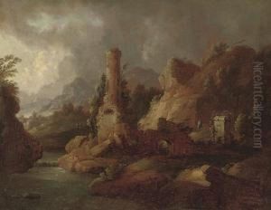 A Mountainous River Landscape With Figures On A Track By A Ruin, A Town Beyond