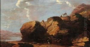 Attributed To Johann Christian Brand , Travelers In A Rocky Landscape by Johann Christian Brand