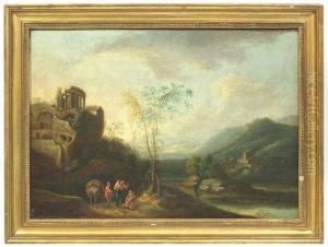 Arcadian River Landscape With Ruins Of A Temple