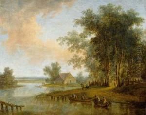 Flusslandschaft Mit Fischern Und Ihren Booten.