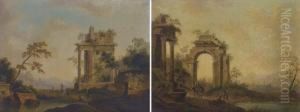 An Italianate Landscape With
Figures By Roman Ruins; And An Italianate Landscape With Figures By A
Fountain Near A Ruined Roman Archway by Johann Christian Brand