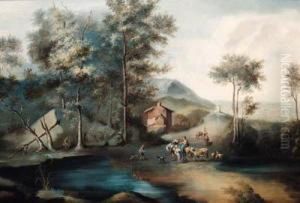 Figures By A Lake In A Wooded Landscape